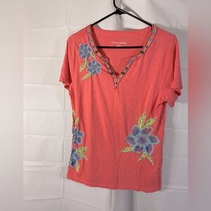 Soft Surroundings embroidered floral coral top